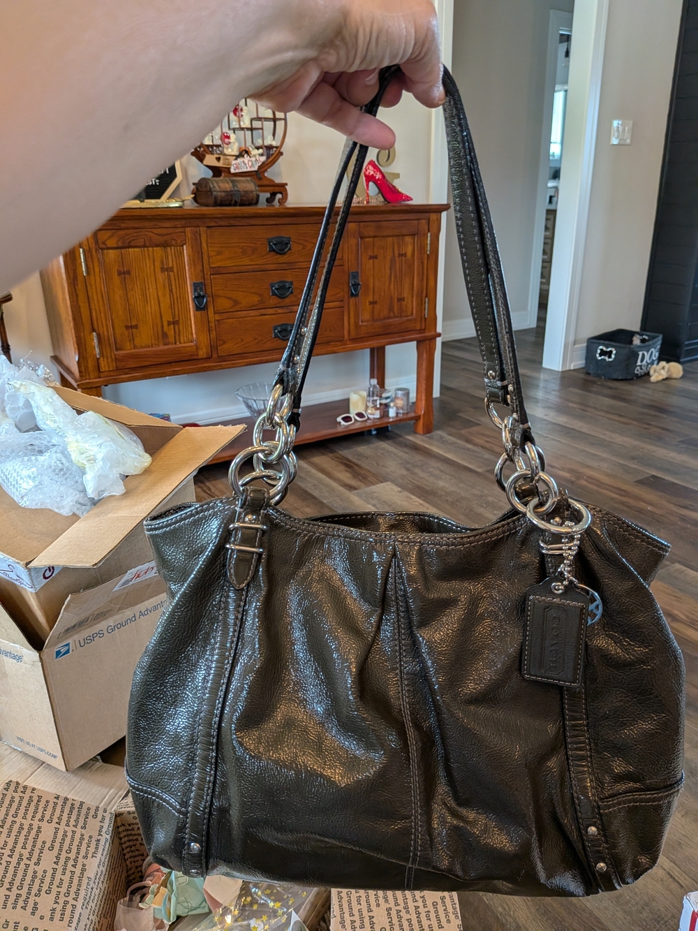 Coach Olive Vintage Alexandra Patent Leather Shoulder Bag with Chain-Link Straps